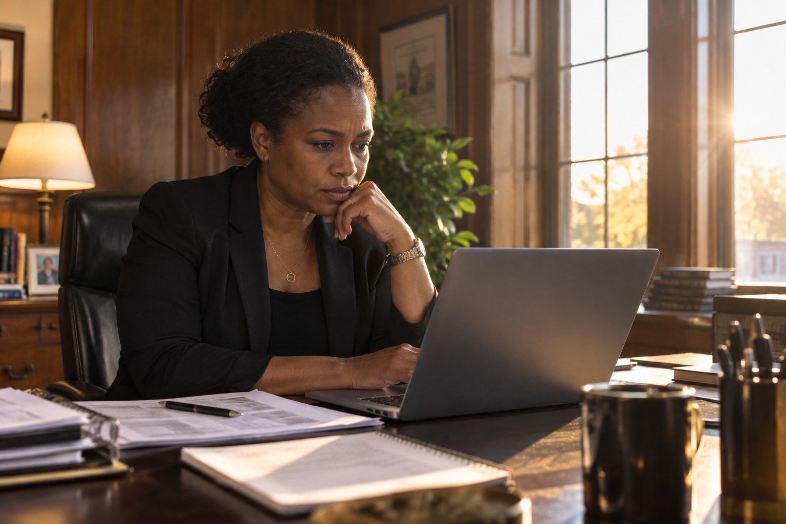 University administrator reviews HIV prevention program funding cuts 2026 at her desk in golden hour office light
